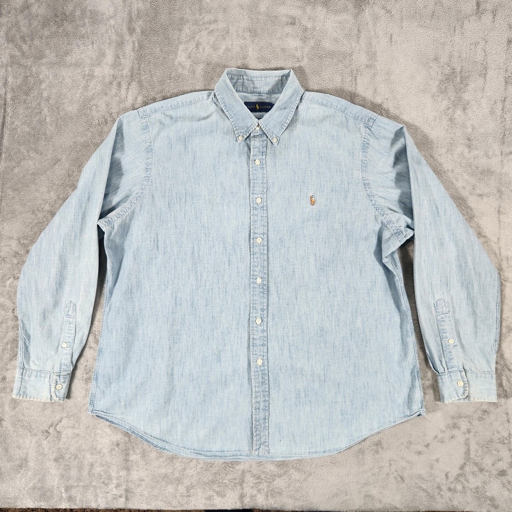 Ralph Lauren Shirt Mensβ 2XL Blue Chambray Denim Button Down Flesh Pony Logo